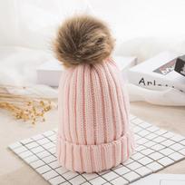 Women S Winter Thick Knit Hat With Faux Fur Ball Parent Child Warm Beanie One Size rožinė