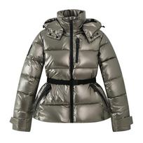 Moteriški žiemos sportiniai parkai su gobtuvu ir paaukštintu juosmeniu, su pamušalu ir diržu, moteriški elegantiški, stori, šilti, su kišenėmis, vėjui atsparūs slidinėjimo švarkai M sidabras