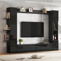 Stiklinės spintelės durų vyris apverčiamas, Kompaktiškas sieninis blokas su daug vietos daiktams laikyti, TV spintelė, Sandėliavimo spintelė, svetainei, Juoda 245 x 30 x 170 cm juoda