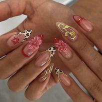 24Pcs Leopard Print French Press On Nails, 3D Flower & Gold Rose Fake Nails, Mid-Length Almond Shape United States brown