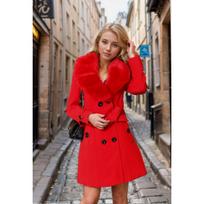 Autumn Winter Women's Double Breasted Wool Blend Coat, Large Fur Collar Casual Loose Outerwear, European American Korean Style Women Overcoat S red