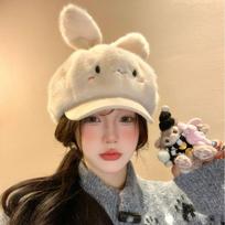 Cute cartoon rabbit ears plush beret female autumn and winter warm face small octagonal hat painter hat One size fits all smėlis