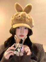 Cute cartoon rabbit ears plush beret female autumn and winter warm face small octagonal hat painter hat One size fits all brown