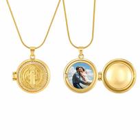 Personalized Photo Locket St Benedict Virgin Mary Necklace Religious Saint Medal Opening Pendant Protection Jewelry for Women 45cm-50cm beige