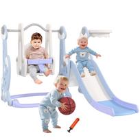 4-in-1 children's slide and swing with basketball hoop and ladder. 147.5 x 160 x 107 cm. Light blue