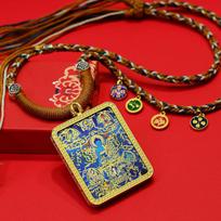 Gold-Inlaid Blue Glazed Medicine Buddha Thangka Pendant Necklace Gold-painted core + Shell red