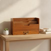Wooden Desk Organizer with Drawer Stepped Mail for Study brown
