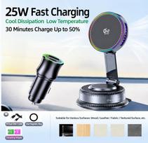 Qi2 25W magnetinis belaidis automobilinis įkroviklis, greitas įkrovimas 30 min iki 50 procentų, aušinimo ventiliatorius, RGB apšvietimas, telefono laikiklis Qi2 Wireless with Car Charger