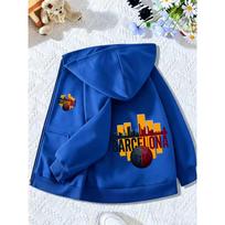 Kids Light Grey Zip Hoodie Barcelona City Skyline Soccer Graphic Print Loose Long Sleeve Hooded Jacket For Boys Sports Outerwear 140