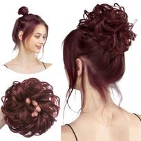 MISS LIRENN® 2PCS Burgundy Messy Hair Bun Hair Pieces Wavy Curly Synthetic Updo Fake Scrunchies Ponytail Extension for Women Wine Red black