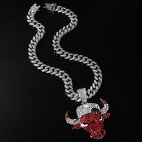 Men's Punk Diamond Red Bull Head Pendant on Cuban Link Chain gray