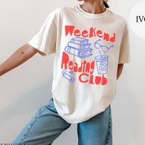 Weekend Reading Club T-shirt, Bookish Shirts, Gift For Book Lover or Reader, Reading Gifts, Dopamine Graphic Tee, Summer Coffee and Books 150 white