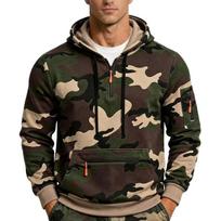 Mens Camouflage Quarter Zip Hoodie Long Sleeve Drawstring Hooded Sweatshirt Multi Zipper Pockets Loose Fit Tactical Streetwear Pullover for Daily Wear XL armijos žalia spalva