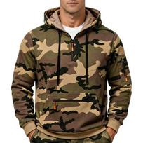 Mens Camouflage Quarter Zip Hoodie Long Sleeve Drawstring Hooded Sweatshirt Multi Zipper Pockets Loose Fit Tactical Streetwear Pullover for Daily Wear XXL chaki