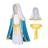 Classic Girl Bible Religion Virgin Mary Costume Halloween Masquerade Costume Headscarf Hat Waist Rope Set S（110-115） blue