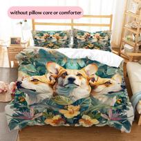 Corgi and plants Pattern Bedding Home Decoration Birthday Gift (1 * duvet cover + 2 * pillowcase, without core) 135x200cm white