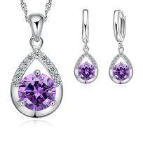 Bridal Jewelry Sets 925 Silver Crystal Water Drop Necklaces Hoop Earrings Women Party Engagement violetinė