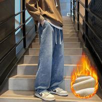 American Style High Street Hong Kong Style Retro Jeans, Men's Loose Straight Leg Wide Leg Pants, Lace Up Elastic Pants XXXL gray
