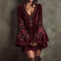 Nauja Boho Aksominė Mini Suknelė Moteriška Siuvinėta Plate Rankovėmis Bordo Spalvos Bohemiška Šventinė Suknelė M bordinė