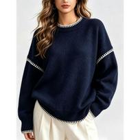 Women S Korean Style Lazy Fit Crew Neck Long Sleeve Pullover Knit Sweater M tamsiai mėlyna spalva