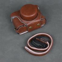 PU Camera Case Panasonic Lumix DMC-L10 DSLR Slim Protective Sleeve With Base Cutout Shoulder Strap Velvet Lining Dark Brown