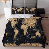 3Pcs Vintage World Map Duvet Cover Set, Black Golden Compass Print Bedding with Pillowcases for Bedroom Decor (135x200cm) gray