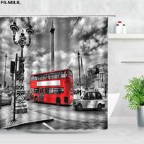 Londono gatvės vaizdas Dušo užuolaidos Big Ben Raudona telefono būdelė Autobuso spaudinys Retro sienų dekoras Audinio ekranas Kabliukai Vonios užuolaidų rinkinys W60H190(CM)-1 Pcs gray