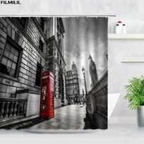 Londono gatvės vaizdas Dušo užuolaidos Big Ben Raudona telefono būdelė Autobuso spaudinys Retro sienų dekoras Audinio ekranas Kabliukai Vonios užuolaidų rinkinys W60H190(CM)-1 Pcs