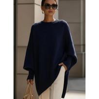 Loose Lazy Style Solid Color Women Knitted Sweater Round Neck Pullover for Autumn Winter XXL tamsiai mėlyna spalva