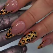 24Pcs Gold French Leopard Almond Press On Nails Medium Length Oval Fake Nail Tips Wearable Manicure brown