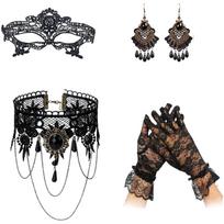 Women's Sexy Halloween Costume Accessory Set - Gloves Necklace Earrings Dark Gothic One Size juoda