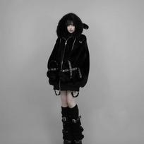 Vintažiniai kailio skiautiniai laisvi kasdieniai su gobtuvu paltai Streetwear vienspalviai žiemos Y2k estetiniai švarkai moterims Harajuku viršutiniai drabužiai M black