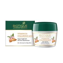Biotique Vitamin E Hyaluronic Acid Moisturizer 175g Oil-Free Gel Cream For Hydrated Glowing Skin All Skin Types blue