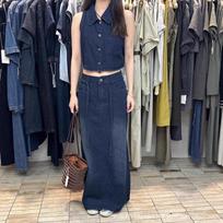 1116 summer new Hong Kong style retro vest vest top women's high waist straight denim skirt two-piece set M gray