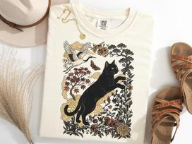 Black Cat Japanese Art Style Shirt, Vintage Asian Woodblock Tee XL black