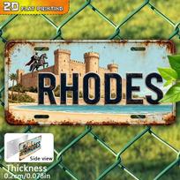 D Flat Large Vintage Rhodes Greece Aluminum Wall Art Sign  Greek Island Map with Castle of Rhodes  Colossus Suitable 15x30cm(5.9x7.8inch) black