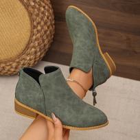 **Women Pointed Toe Martin Boots Back Zip Thick Sole Chunky Heel Slimming Solid Leather** 36 armijos žalia spalva
