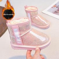 Girls' Waterproof Non-slip Leather & Fur Snow Boots - Fleece-lined, Thickened Ankle Boots for Kids Size 27, 16.2 cm inner gray