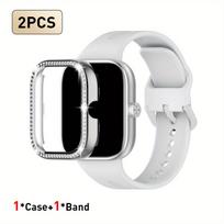2 vnt. rinkinys, skirtas Redmi Watch 5/6, sportinis dirželis, krištolinis tuščiaviduris apsauginis dėklas, klasikinis verslo kvėpuojantis vientisos spalvos dirželis For Redmi Watch 5 šviesiai pilka spalva