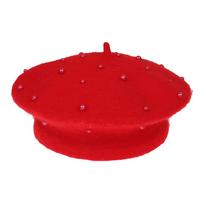 Kids Pearl Decor Beret Hat, Girls French Style Wool Painter Beret, Autumn Winter Warm Beanie Cap for 2‑6 Years Old, Head Circumference 48‑53cm One size red
