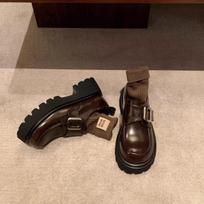 Genuine leather~ Academy style square buckle lazy one pedal muffin thick heel thick sole loafer small leather shoes women 40 brown