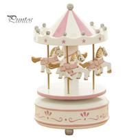 Bedroom Shelf Accessory Wooden Carousel Music Box with Rotating Merry-Go-Round Horses, Wind-Up Musical Figurine Mechanical Spinning for Home E white