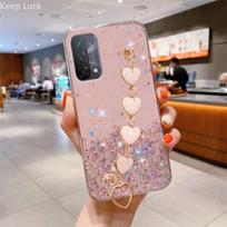 Prabangus Blizgantis apyrankės Love Heart telefono dėklas skirtas OPPO A5 A9 A15 A15S A16 A16S A52 A53 A54 A72 A73 A74 A93 F17 F19 minkštas dangtelis Reno8Pro rožinė