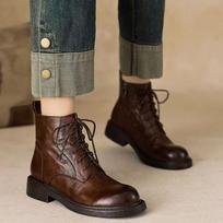 Soft leather retro lace-up Martin boots women's medium heel British style boots round head short boots women 39 black