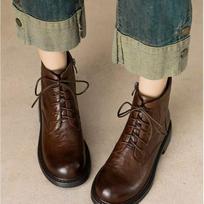 Soft leather retro lace-up Martin boots women's medium heel British style boots round head short boots women 40 gray