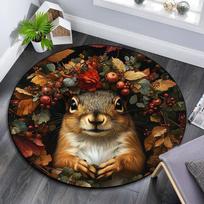 Autumn Squirrel Round Area Rug,Carpet Rug for Living Room Bedroom Sofa Playroom Decor,Non-slip Floor Mat 80cmx80cm black