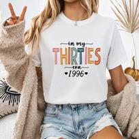 In My Thirties Era 1996 Rainbow Color Letter Graphic T Shirt Unisex 30th Birthday Retro Heart Casual Gift Tee M beige