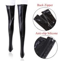 Xxl Plus Size Pvc Leather Thigh High Stockings Back Zipper Silicone Hold Up Party Club Medias Women Pole Dance Motorcycle Outfit M black