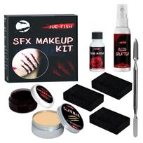 Jue‑Fish Halloween Makeup Kit Fake Blood Skin Wax Scar Liquid Cosplay Makeup Bag 1set black