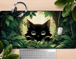 Cute Black Cat Mousepad Kawaii Desk Mat Cat Peeking Through Leaves Animal Lover Decor Large Anime Mouse Pad For PC Gaming Office 30cmx60cm black